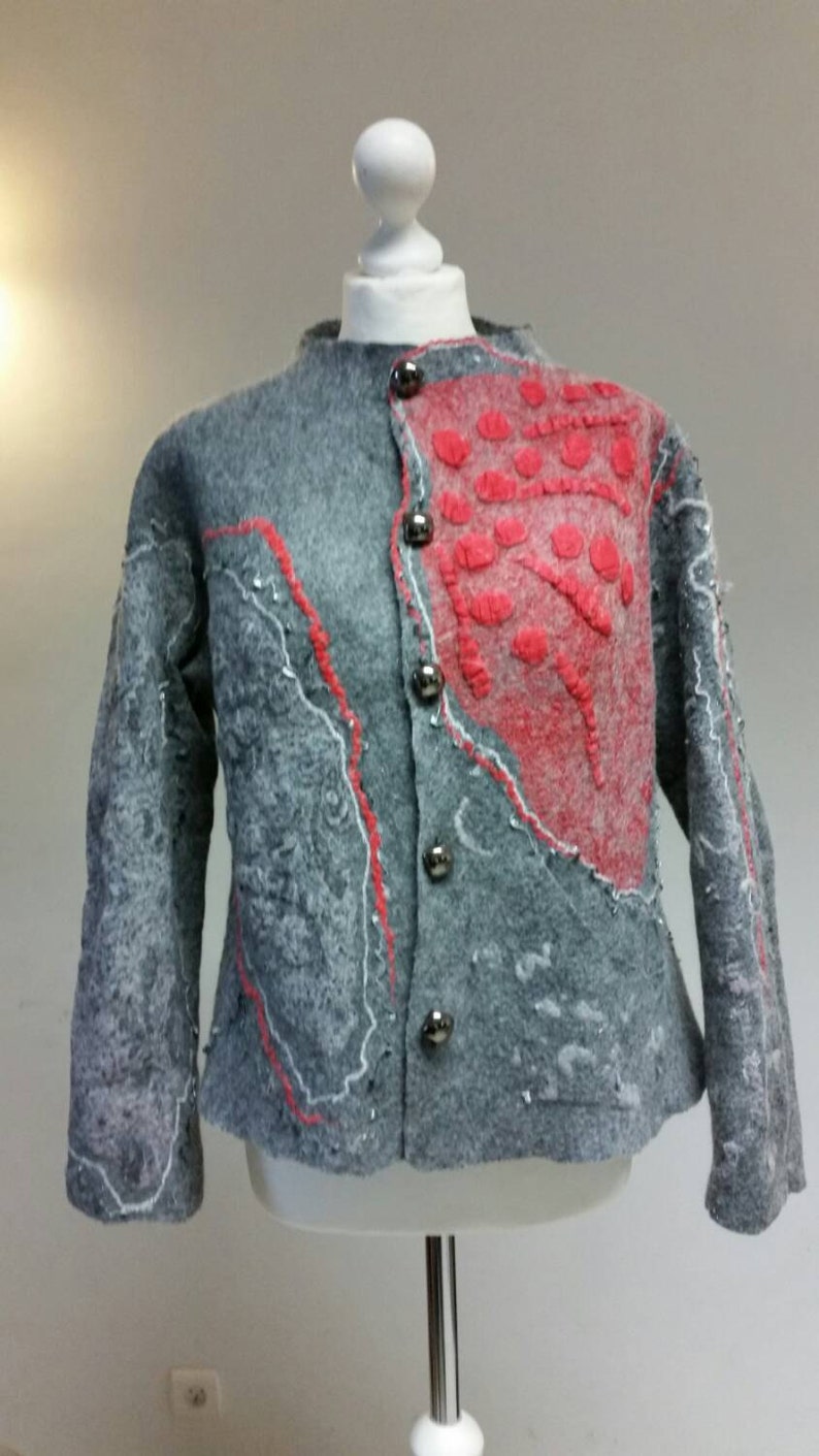 Jacket made of merino wool, red silk,gray coat, wearable art,Ready to ship All sizes made to order, free shipping image 1