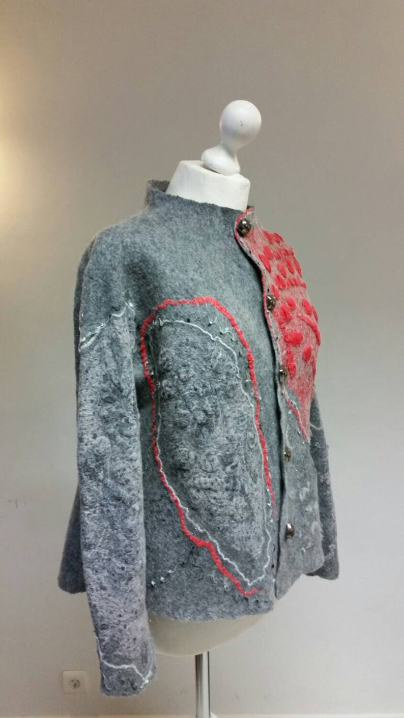 Jacket made of merino wool, red silk,gray coat, wearable art,Ready to ship All sizes made to order, free shipping image 2