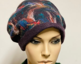 Valentine’s Mother’s day discount Stylish plum hat  with multicolored pattern hand felted merino wool ready to send wearable art gift idea