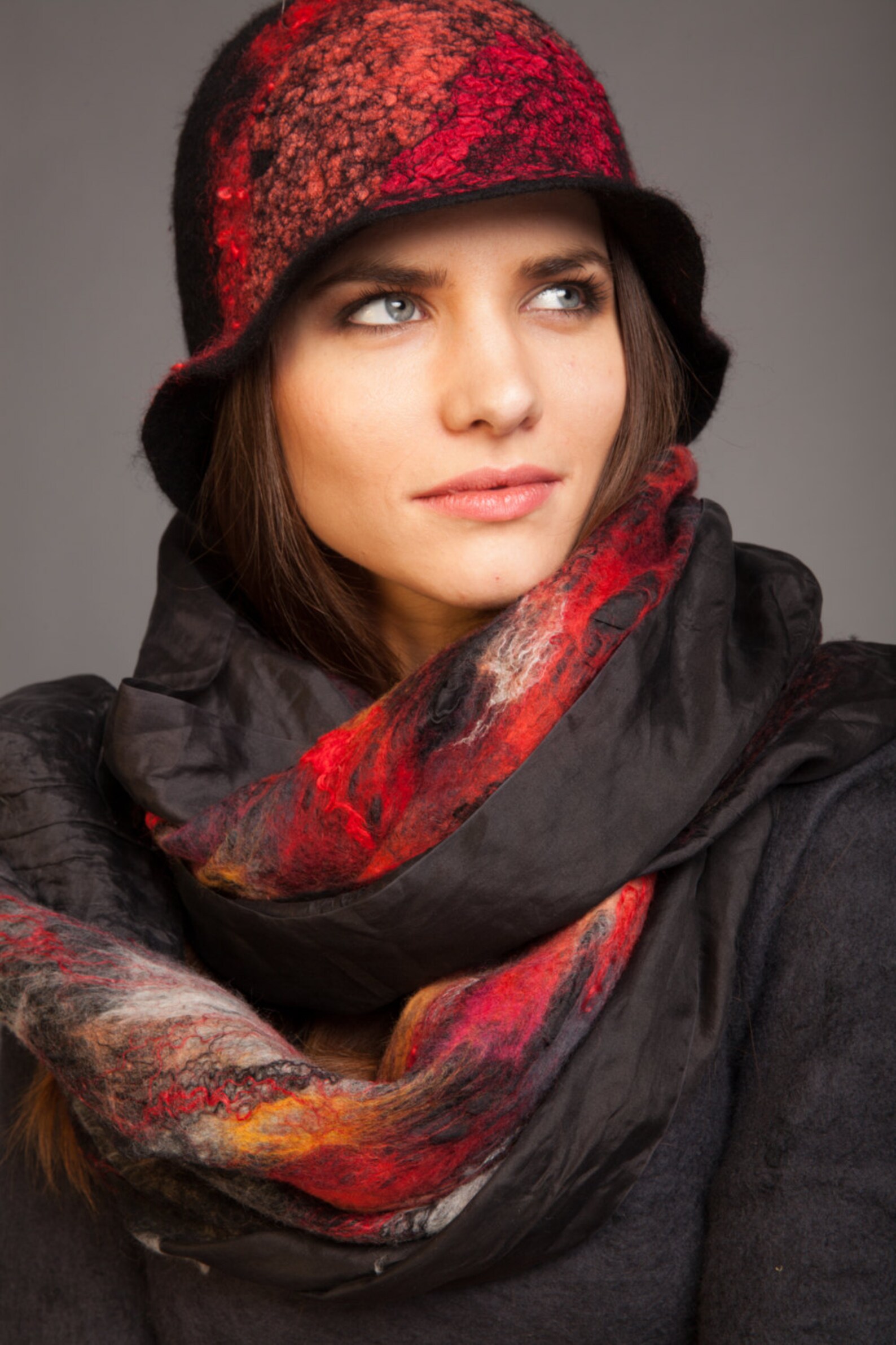 Silk shawl black scarf red wool yellow gray hand felted | Etsy