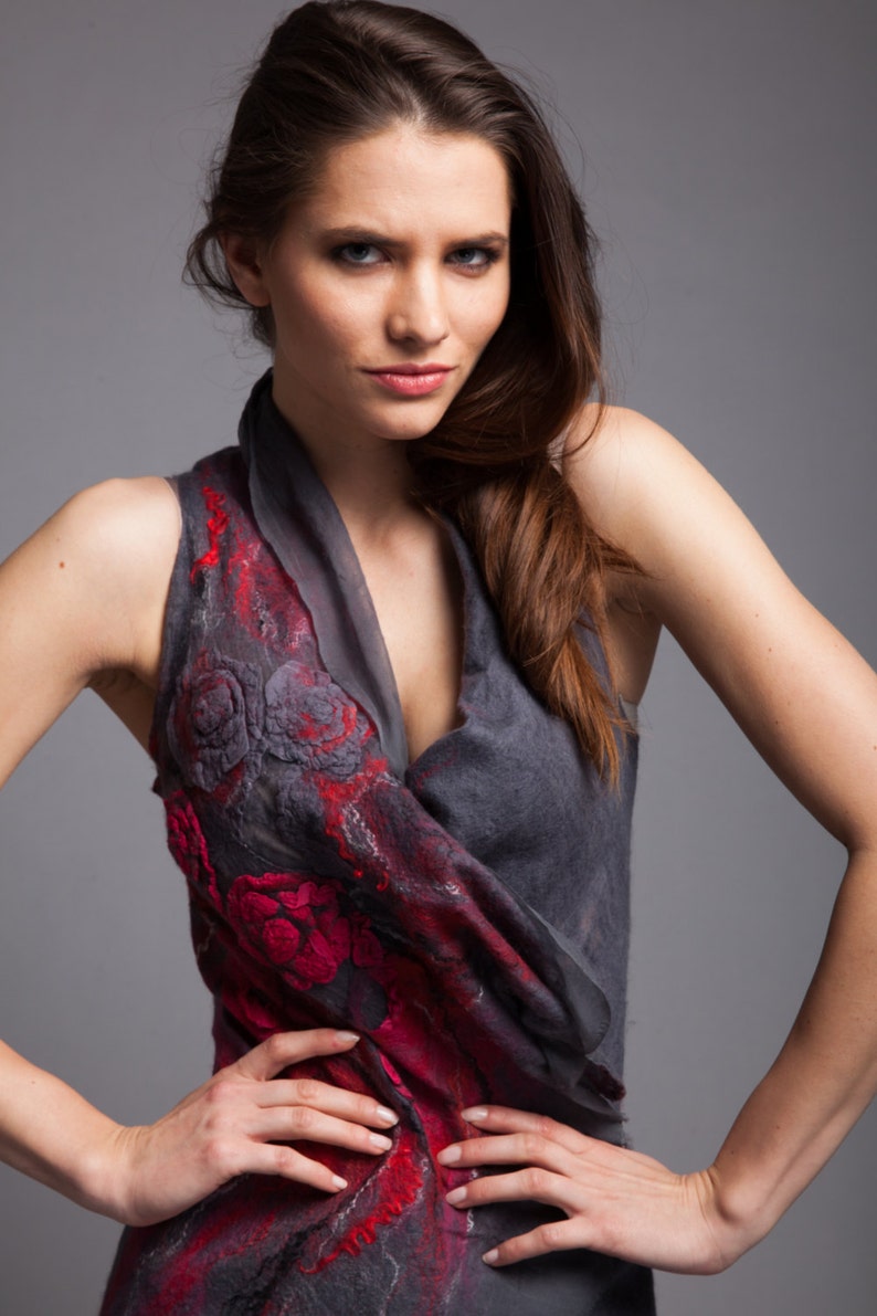 made of silk chifon and merino wool gray and red all sizes made to order Big sale Fancy Vest art fibre gift idea,