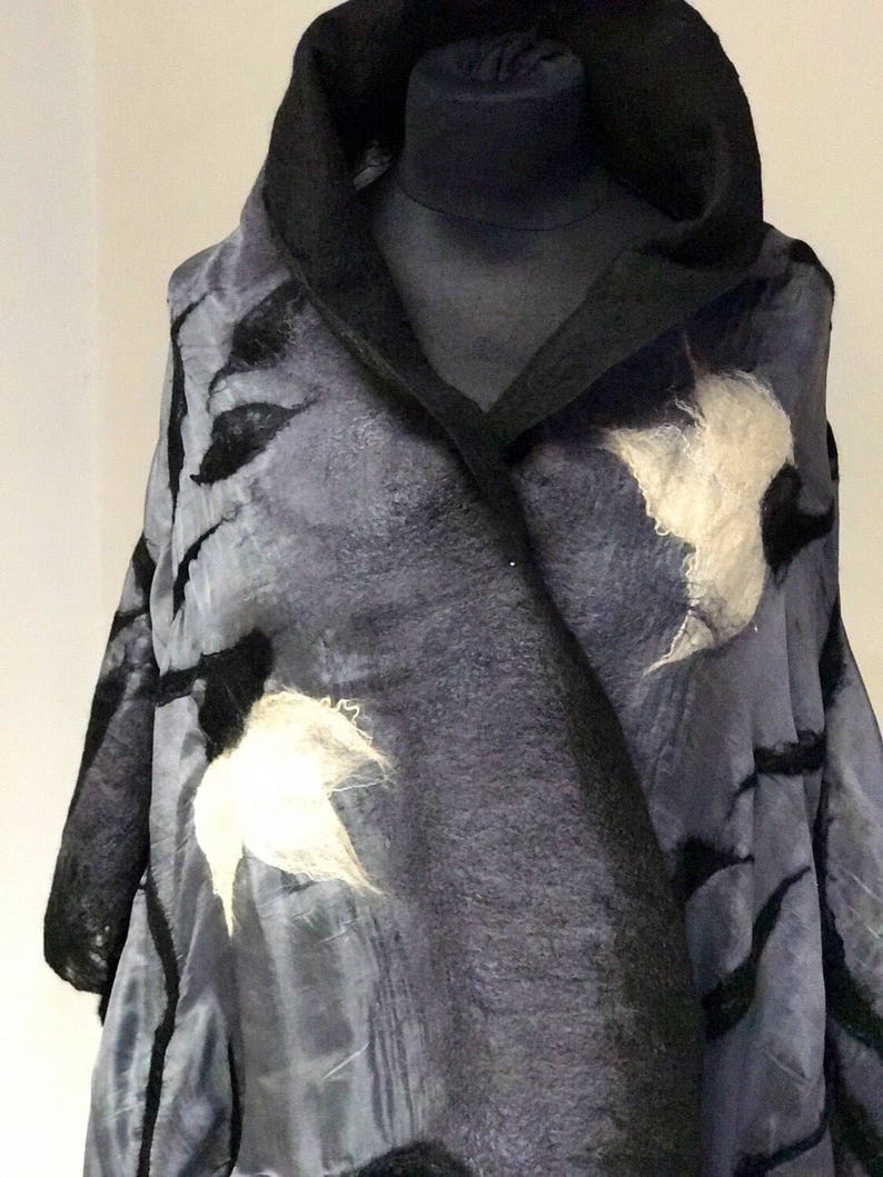 Valentines Mothers Day sale Art felted scarf, Shades of gray silk and merino wool, wearable art, black and white, wearable art gift idea image 2