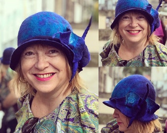 Fancy Blue Cobalt Wool Hat Hand made. Custom size. Wearable Art. Gift idea