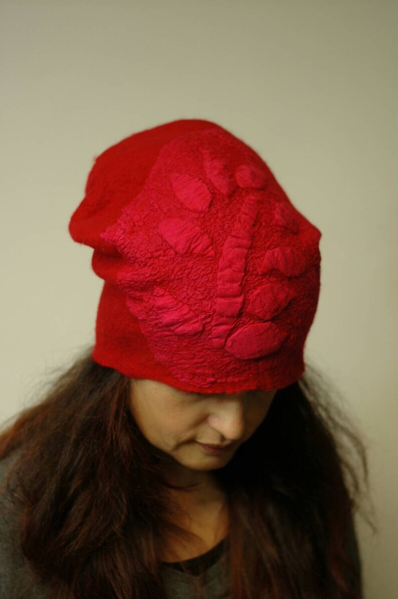 Warm Fancy Hat Red Silk Hand Felted Merino Wool soft wool wearable art christmas gift idea