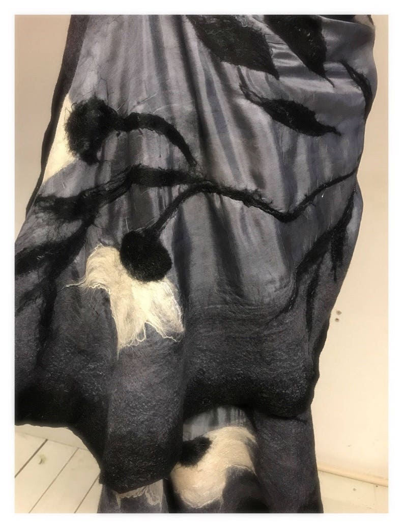 Valentines Mothers Day sale Art felted scarf, Shades of gray silk and merino wool, wearable art, black and white, wearable art gift idea image 4