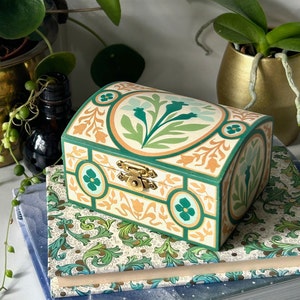 Hand painted, small wooden keepsake box, floral design, green and gold, jewellery/trinkets, domed lid, miniature chest