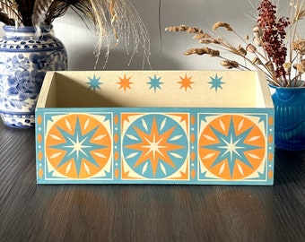 Wooden Letter Rack, Hand Painted, Graphic Bold Star and Circle Design, Cream, Orange, Blue, Bohemian, Eclectic, Boho Home, Mail Organiser