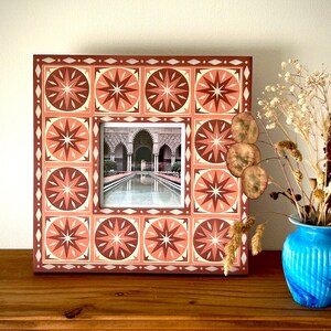 Hand painted, Square, Wooden, Photo Frame, Star and diamond pattern, Pink, Red, Cream/off-white, Free Standing, Boho Home, Hippie Style image 1