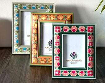 Hand Painted, Photo/Picture Frame, Folk Flower Floral Pattern, Decorative Statement Piece, Boho home Decor, 60s Flower Design, Blue, Pink