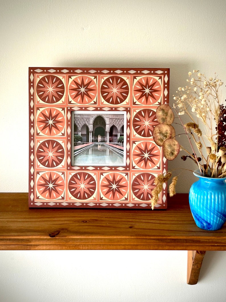 Hand painted, Square, Wooden, Photo Frame, Star and diamond pattern, Pink, Red, Cream/off-white, Free Standing, Boho Home, Hippie Style image 1