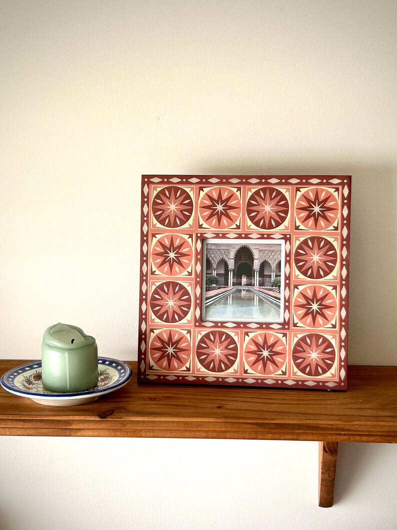Hand painted, Square, Wooden, Photo Frame, Star and diamond pattern, Pink, Red, Cream/off-white, Free Standing, Boho Home, Hippie Style image 4