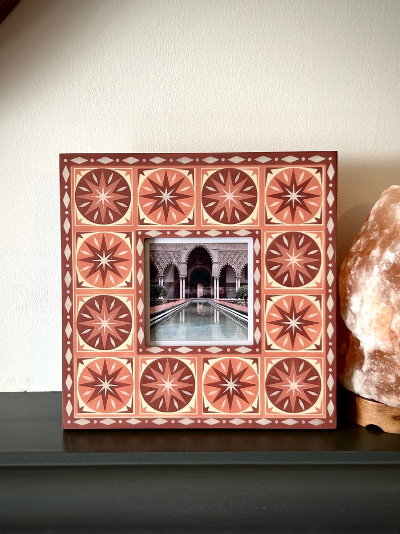Hand painted, Square, Wooden, Photo Frame, Star and diamond pattern, Pink, Red, Cream/off-white, Free Standing, Boho Home, Hippie Style image 7