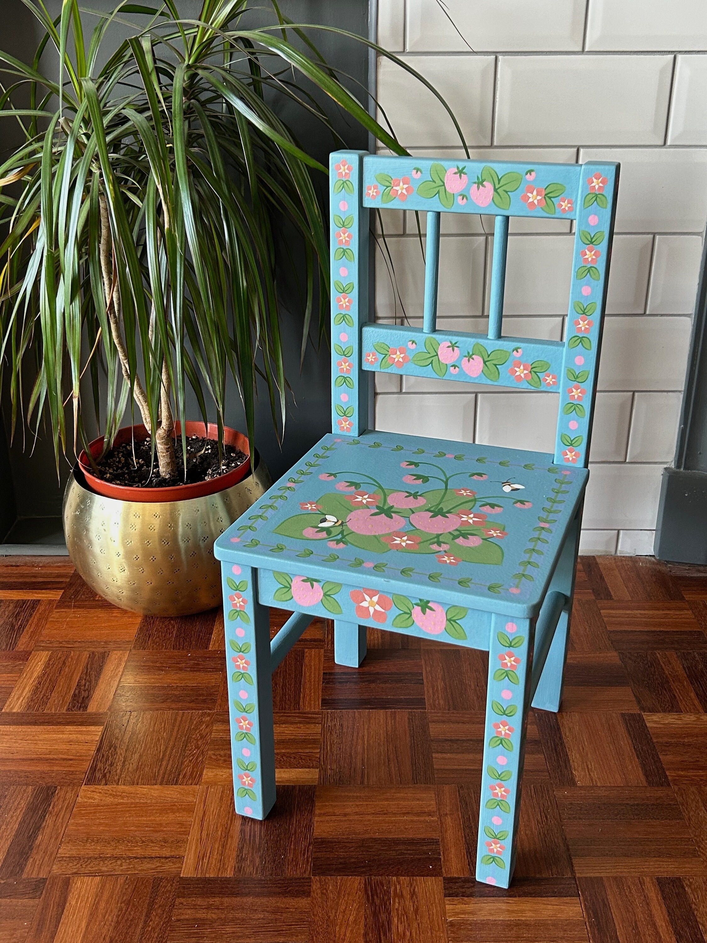 Child's Wooden Hand Painted Chair With Strawberry Plant and