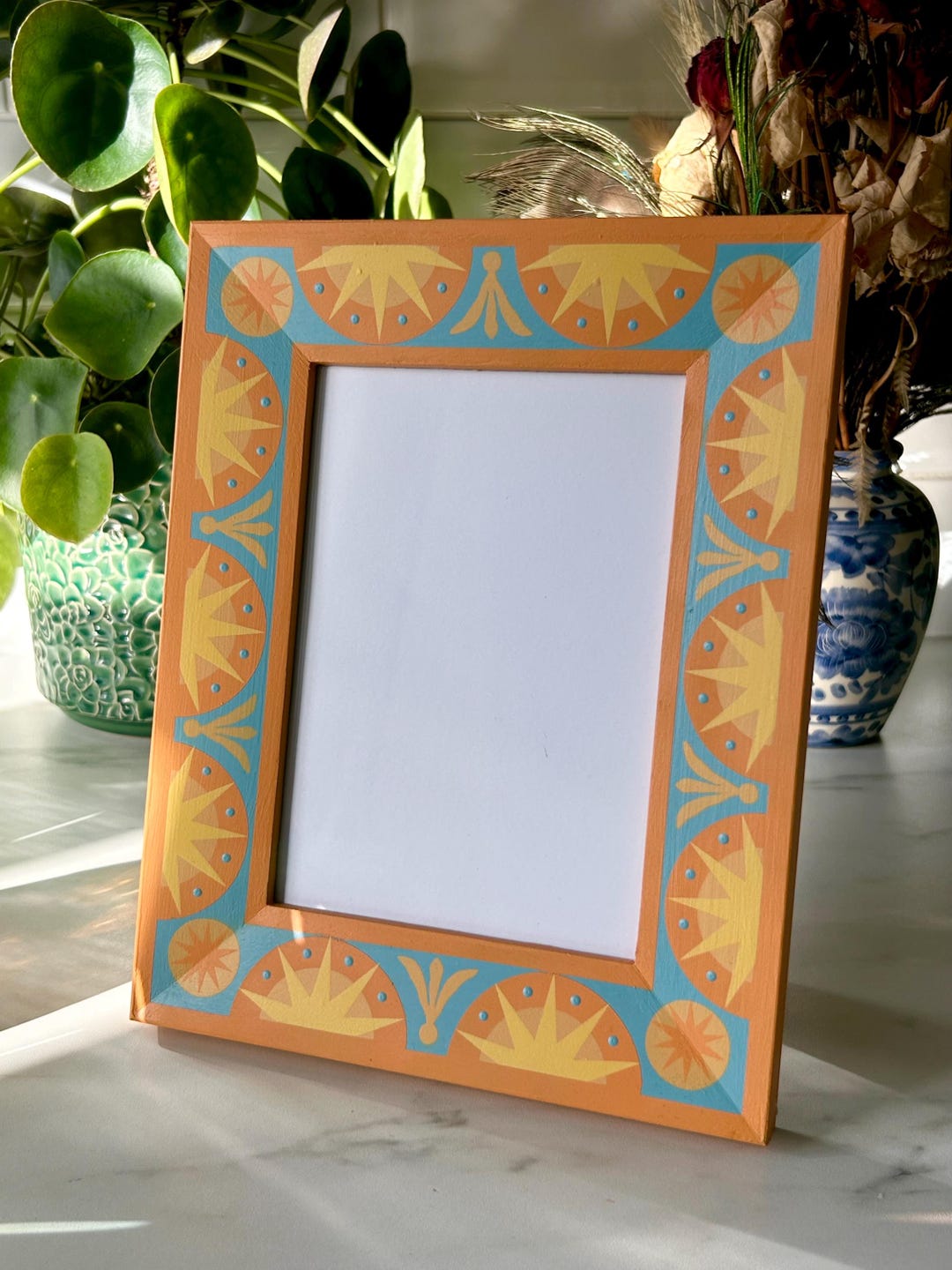 Stylist Pattern Photo Frame Hand Painted, Star Burst Pattern, Photo Frame, Picture Frame, Orange ...