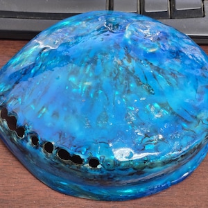 May include: A blue iridescent abalone shell with a smooth, glossy finish. The shell has a natural, organic shape with a slightly curved surface. It has a series of small holes around the edge.