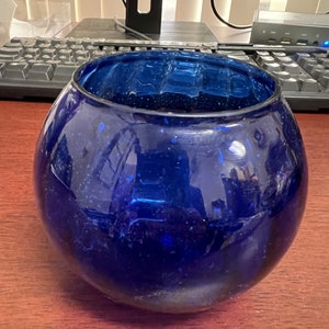Cobalt Blue Decorative Reproduction Blown Glass Fish Bowl Candle Holder 4&quot;