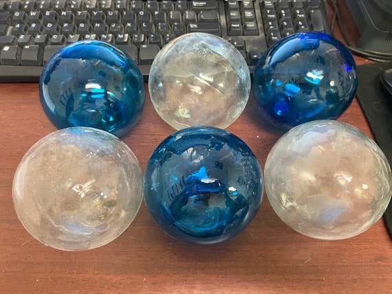 6 Pieces Assorted Sizes Blue White Clear Decorative Reproduction Blown  Glass Float Fishing Buoy Ball 3 