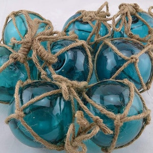 8 Pcs Turquoise Decorative Reproduction Blown Glass Float Fishing Buoy Ball with Fishnet 3"