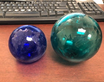 2 Pieces Assorted Sizes Turquoise Cobalt Blue Decorative Reproduction Blown Glass Float Fishing Buoy Ball 3" 4"