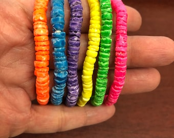 6 Pcs Color Handmade Puka Chip Coco Shell Stretch Bracelet 7"