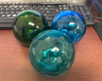 3 Pieces Light Blue Green Turquoise Decorative Reproduction Blown Glass Float Fishing Buoy Ball 4&quot;