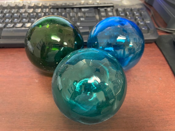 3 Pieces Light Blue Green Turquoise Decorative Reproduction Blown Glass Float  Fishing Buoy Ball 3 