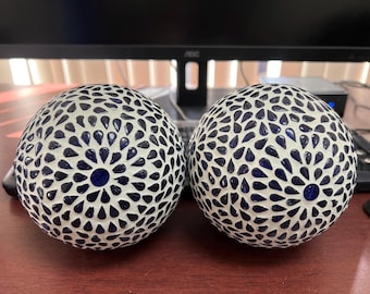 2 Pcs Pieces Cobalt Blue White Mosaic Decorative Reproduction Blown Glass Ball 5"