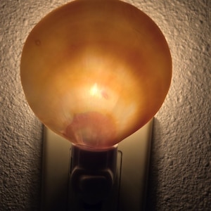 May include: A night light with a warm, glowing, amber-colored shade. The light is plugged into a wall outlet and emits a soft, diffused light. The shade has a rounded shape and a translucent quality, creating a cozy ambiance.