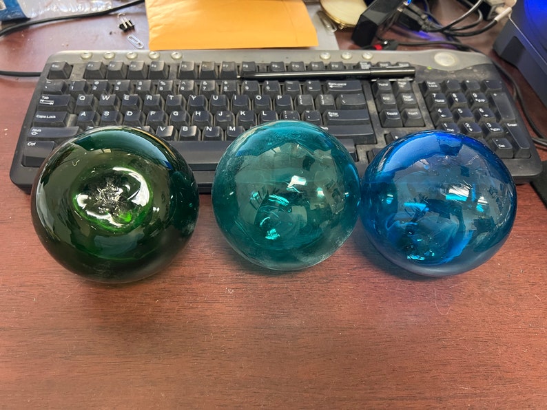 3 Pieces Light Blue Green Turquoise Decorative Reproduction Blown Glass Float Fishing Buoy Ball 3 image 3