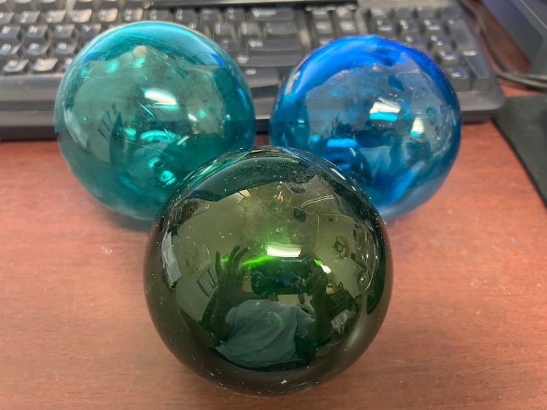 3 Pieces Light Blue Green Turquoise Decorative Reproduction Blown Glass Float Fishing Buoy Ball 3 image 2