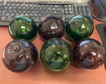 6 Pieces Green Purple Decorative Reproduction Blown Glass Float Fishing Buoy Ball 4"
