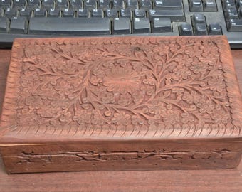 Carved Wood Trinket Jewelry Keepsake Treasure Chest Box