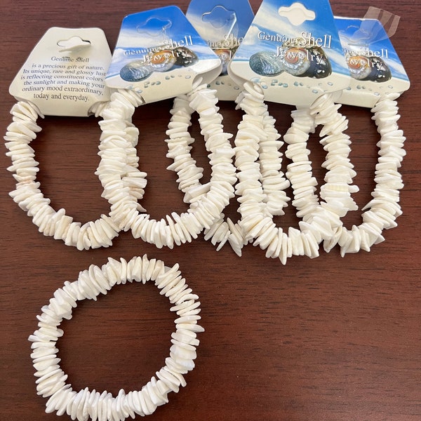 6 Pcs White Handmade Puka Chip Coco Shell Stretch Bracelet 7"