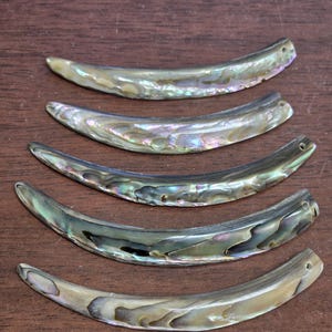 May include: Five curved, crescent-shaped abalone shell pendants arranged horizontally. Each piece features an iridescent, multi-colored surface with swirling patterns of green, purple, and silver tones. Each pendant has a small hole at one end.
