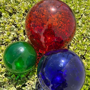 3 Pieces Red Cobalt Blue Green Decorative Reproduction Blown Glass Float Fishing Buoy Ball 3&quot; 4&quot; 5&quot;