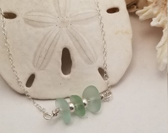 Sea Beach Glass Sea Foam Necklace - Genuine Beach Sea Ocean Tumbled Glass Necklace Jewelry - Sterling Silver In Line Sea Glass Necklace