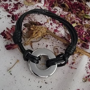 Cremation Ash Funeral Urn Bracelet, Black Adjustable Leather Strap, Stainless Round Circle Urn, Self Fill, Men Women Memorial Jewelry