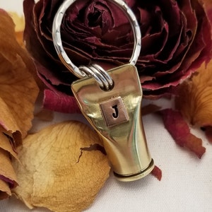 Custom Bullet Shell Casing Initial Keychain - .45 R-P Colt Casing, Remington-Peters Colt, Spent Shell Casing, Hand Stamped Copper Initial