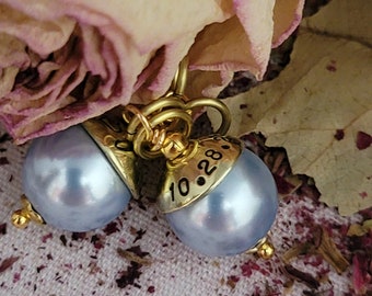 Something Blue Wedding Pearl Bead Hand Stamped Gold Cap -Custom Bead Cap Pearl Necklace Pendant - Blue Bridal Bouquet Charm Mother Daughter