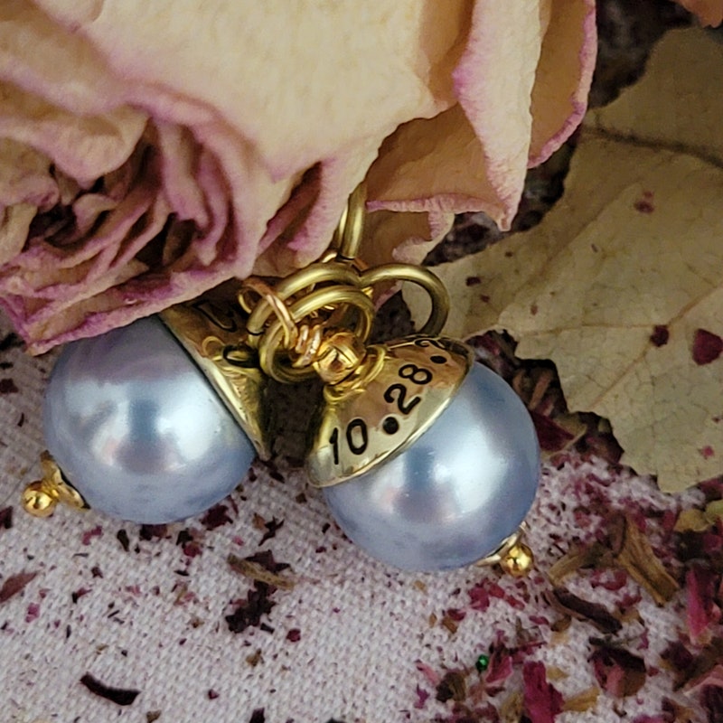 Wedding Something Blue Pearl Bead, Hand Stamped Gold Cap, Bridal Shower Wedding Bouquet Bead Pearl Charm
