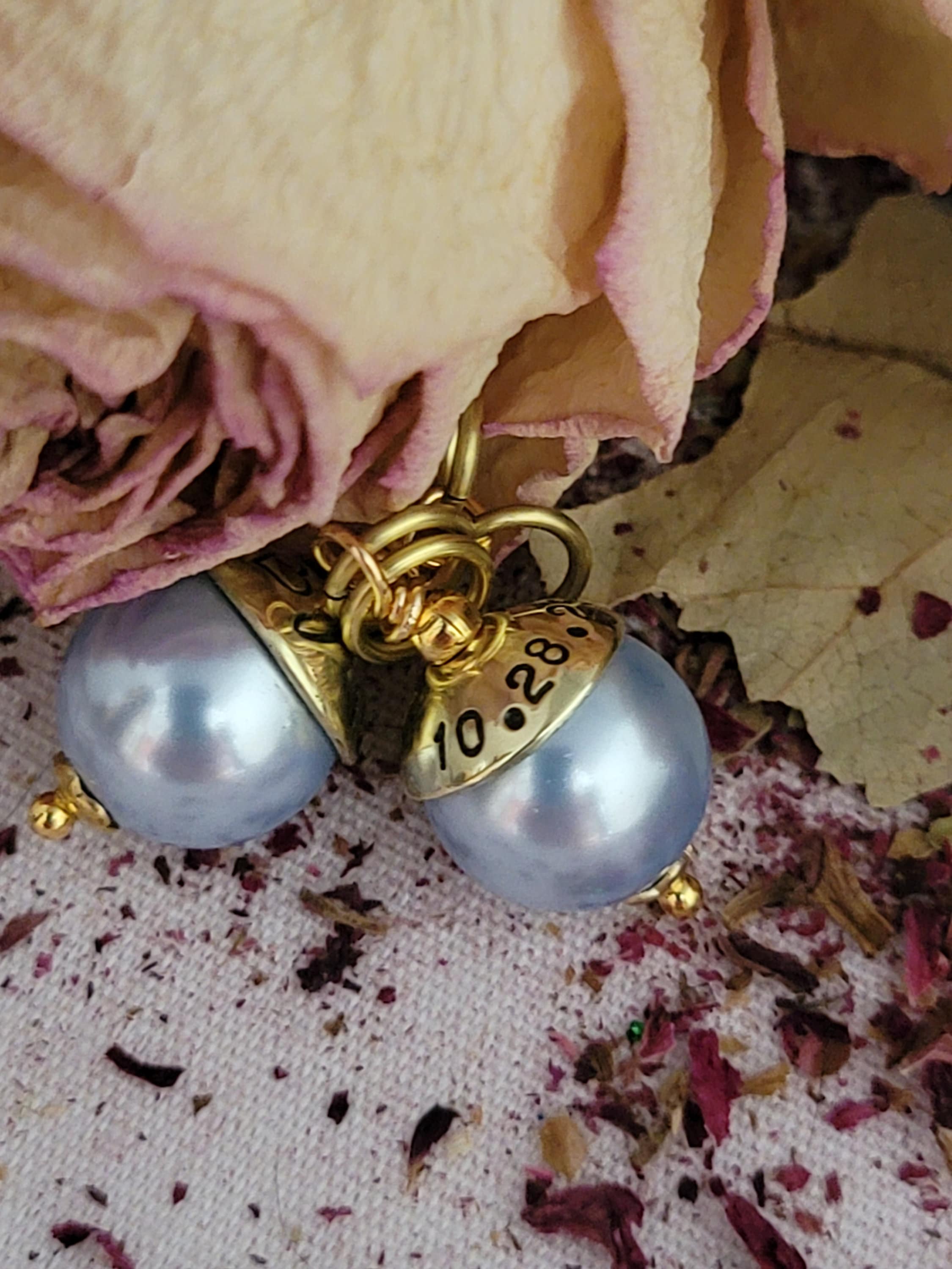 Wedding Something Blue Pearl Bead, Hand Stamped Gold Cap, Bridal Shower…