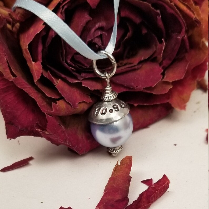 Bead Cap Pearl Necklace Pendant Something Blue Bridal Bouquet Mothers Daughter Remembrance Wedding Blue Pearl Bead Hand Stamped Cap