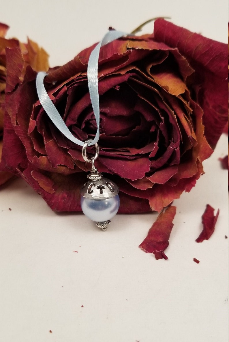 Bead Cap Pearl Necklace Pendant Something Blue Bridal Bouquet Mothers Daughter Remembrance Wedding Blue Pearl Bead Hand Stamped Cap