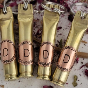 Bullet Shell Casing Initial Keychain - Spent Brass Shell Casing - Hand Stamped Copper Initial Disc