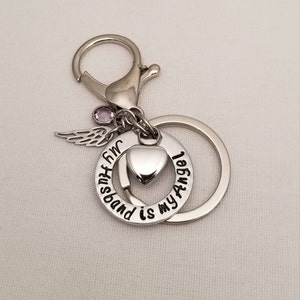 Heart Urn Cremation Keychain - My Husband Is My Angel, Grief Mourning Key Chain, For Human Pet, Keepsake Remembrance Memorial Loss Loved One