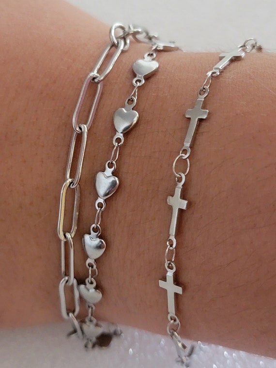 Stainless Silver Cross Link Chain Bracelet Jewelry, Minimal Dainty