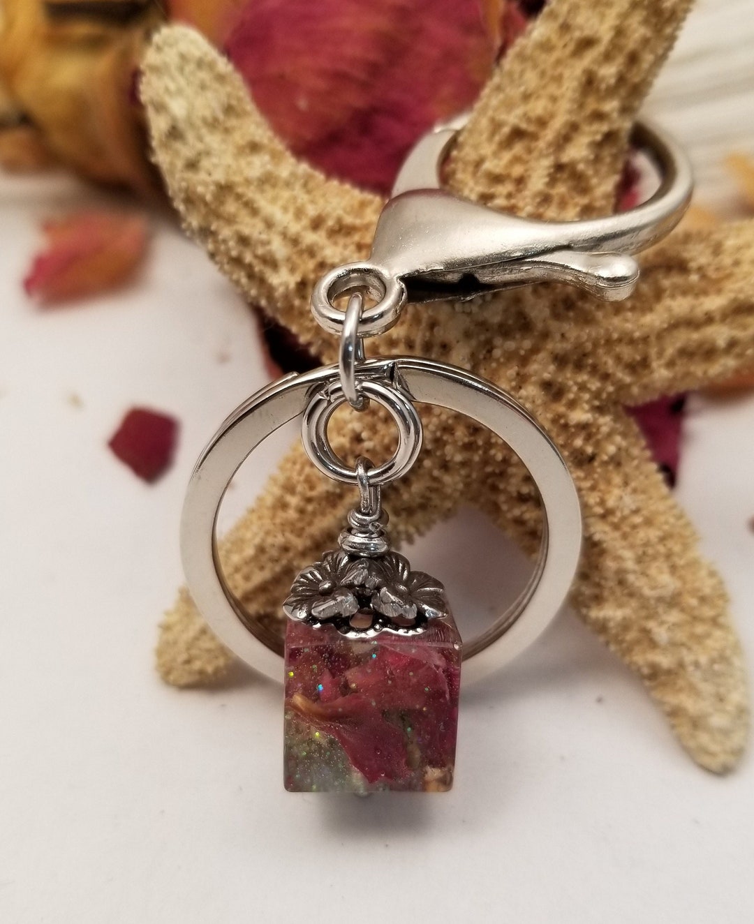 Cremation Ash Cremains Hair Flower Square Keepsake Keychain, Memorial ...