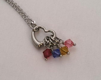 Birthstone Family Birthday Mother Grandmother Small Stainless Steel Hollow Heart Necklace - Bridal Shower - Baby Shower