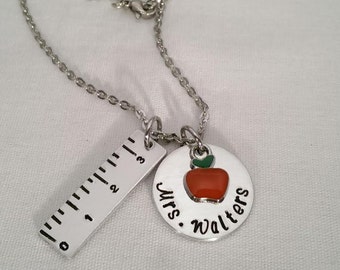 Hand Stamped Teacher Necklace - Teacher Gift School Ruler Necklace - Beginning School Year - End of School Year - Christmas Birthday Gift