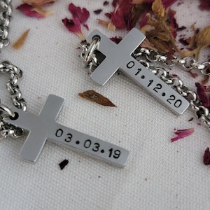 Baptism Cross Pendant Necklace, Stainless Name Date Hand Stamped, Baptized Confirmation Communion Christian Necklace Jewelry, Non-tarnish